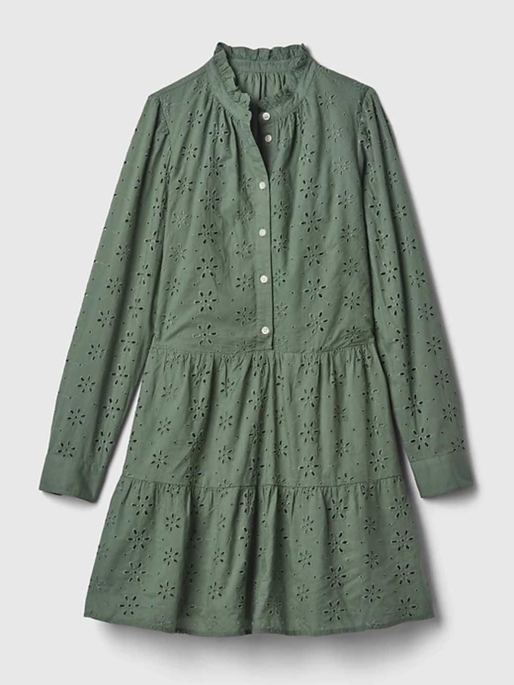 GAP Sage Green Eyelet Tiered Long-Sleeve Dress